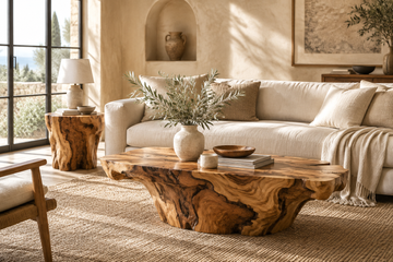 Rustic olive wood furniture styling in a modern Mediterranean living room