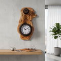 Statement wall timepiece featuring a handcrafted olive wood rustic hanging clock. | Olive Wood Rustic Hanging Timepiece Clock | Olive Wood Rustic Hanging Timepiece Wall Clock - Olivaryn