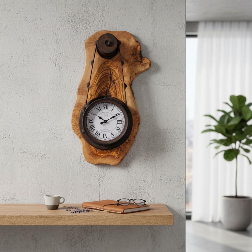 Statement wall timepiece featuring a handcrafted olive wood rustic hanging clock. | Olive Wood Rustic Hanging Timepiece Clock | Olive Wood Rustic Hanging Timepiece Wall Clock - Olivaryn