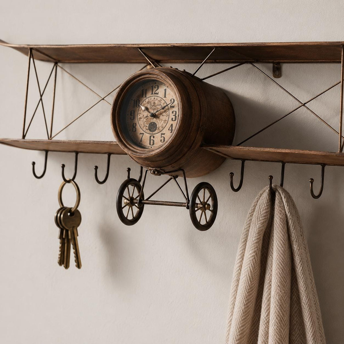 Detail shot of sturdy metal hanging hooks on a vintage airplane olive wood wall clock.