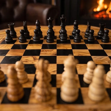 Rustic Olive Wood Chess Table - Luxury Handcrafted Pedestal Game Table 65cm