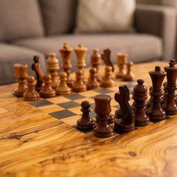 Luxury Live Edge Olive Wood Chess Coffee Table - Modern Industrial Game Table