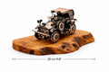 Collectible metal vintage car olive wood sculpture displayed on a clean white studio background.