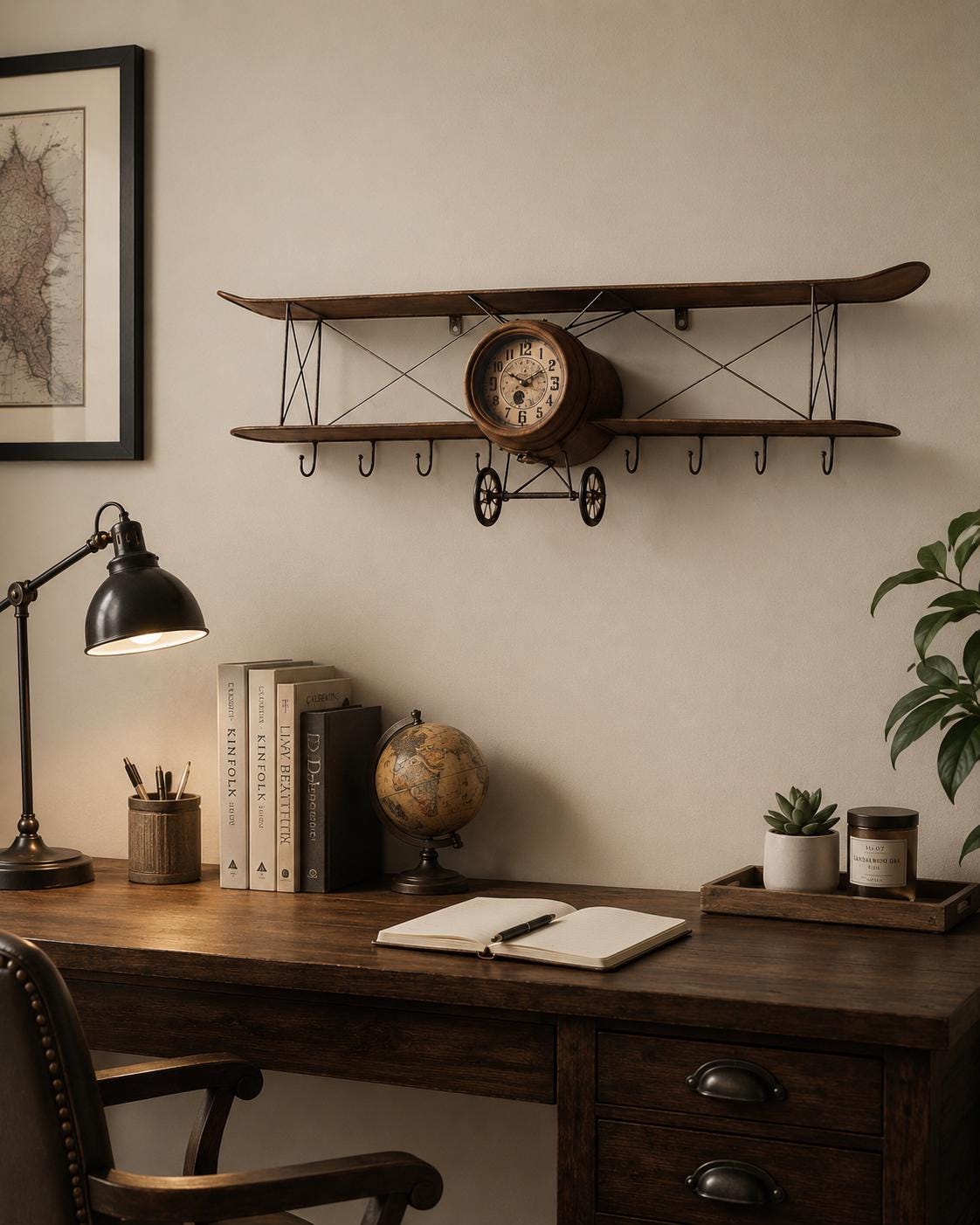 Rustic aviation wall decor displaying a vintage airplane olive wood wall clock.