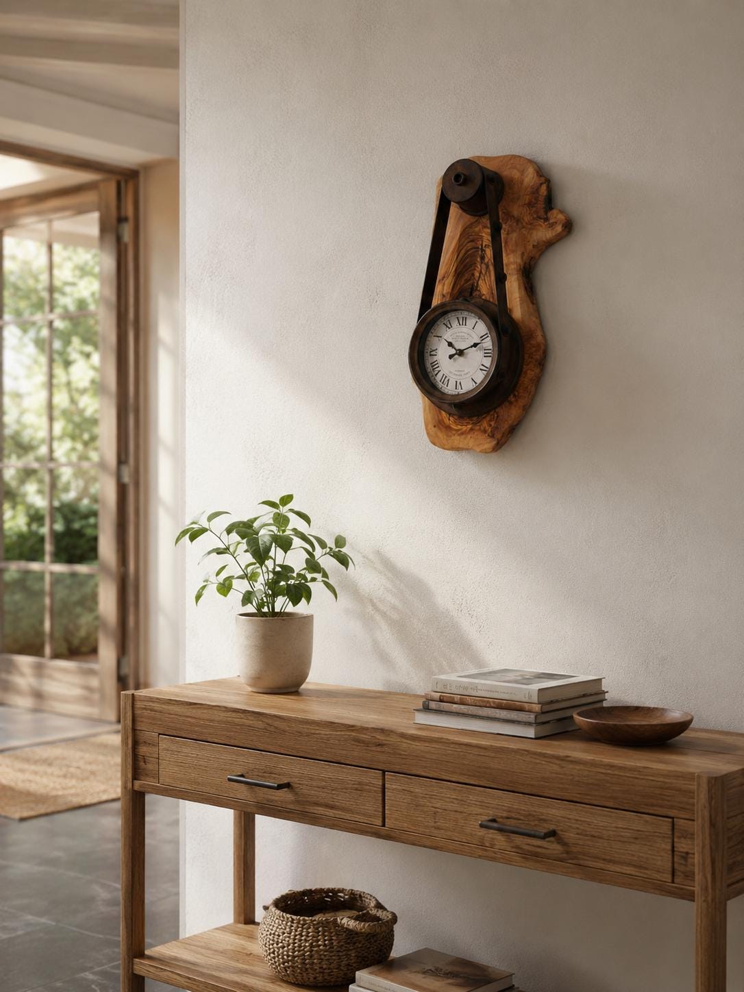 Living room wall decor featuring a rustic olive wood hanging timepiece clock. | Olive Wood Rustic Hanging Timepiece Clock | Olive Wood Rustic Hanging Timepiece Wall Clock - Olivaryn