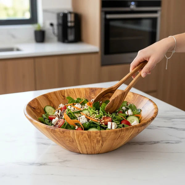 Handmade Olive Wood Large Salad Bowl | Deep Hand-Turned Wooden Fruit & Serving Bowl | Stunning Natural Grain | 35–45 cm