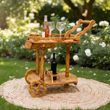 Luxury Solid Olive Wood Bar Cart | Handcrafted Rolling Wine & Beverage Serving Trolley