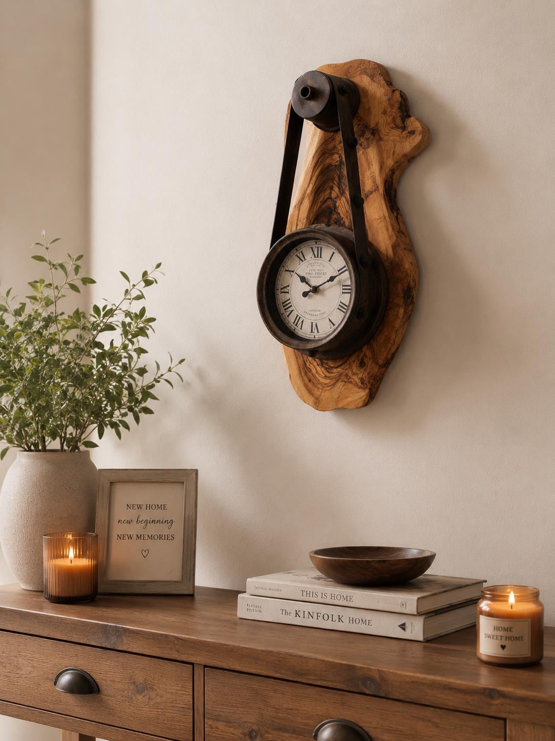 Farmhouse interior styling with an olive wood rustic hanging timepiece clock. | Olive Wood Rustic Hanging Timepiece Wall Clock - Olivaryn