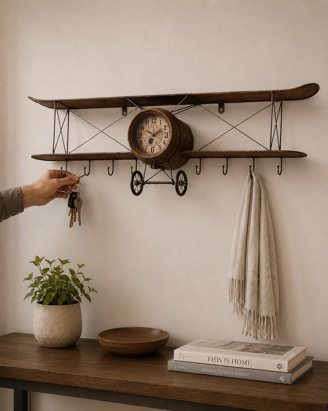 Functional entryway coat rack featuring a vintage airplane olive wood wall clock.