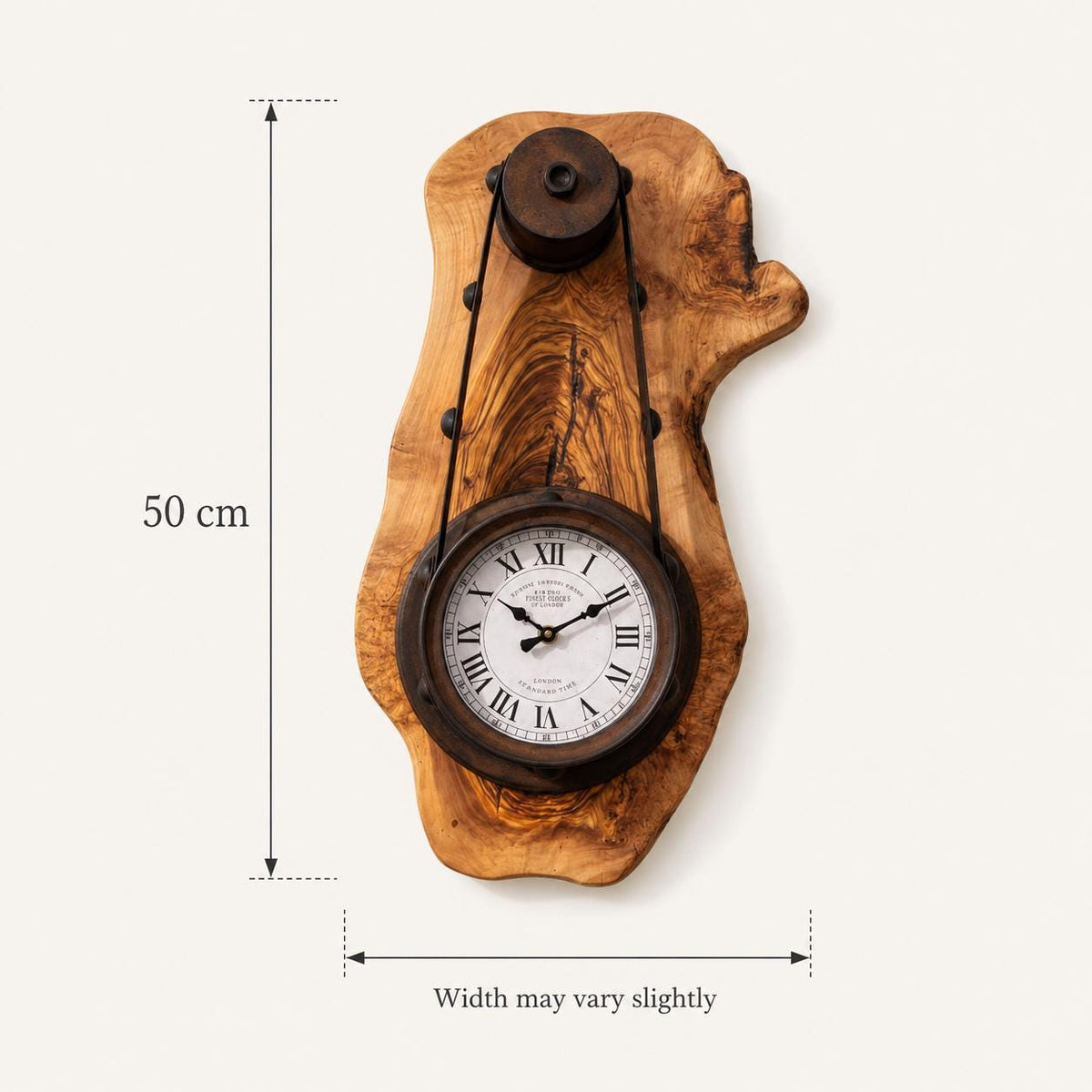 Studio display of a natural olive wood rustic hanging timepiece clock on white. | Olive Wood Rustic Hanging Timepiece Wall Clock - Olivaryn