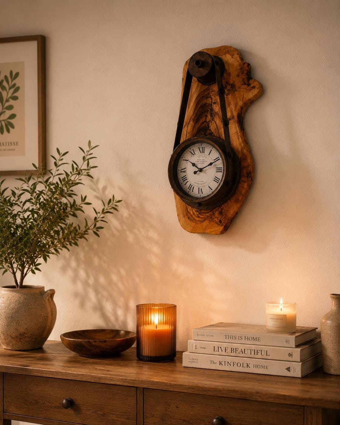Entryway accent featuring a handmade olive wood rustic hanging timepiece clock. | Olive Wood Rustic Hanging Timepiece Wall Clock - Olivaryn