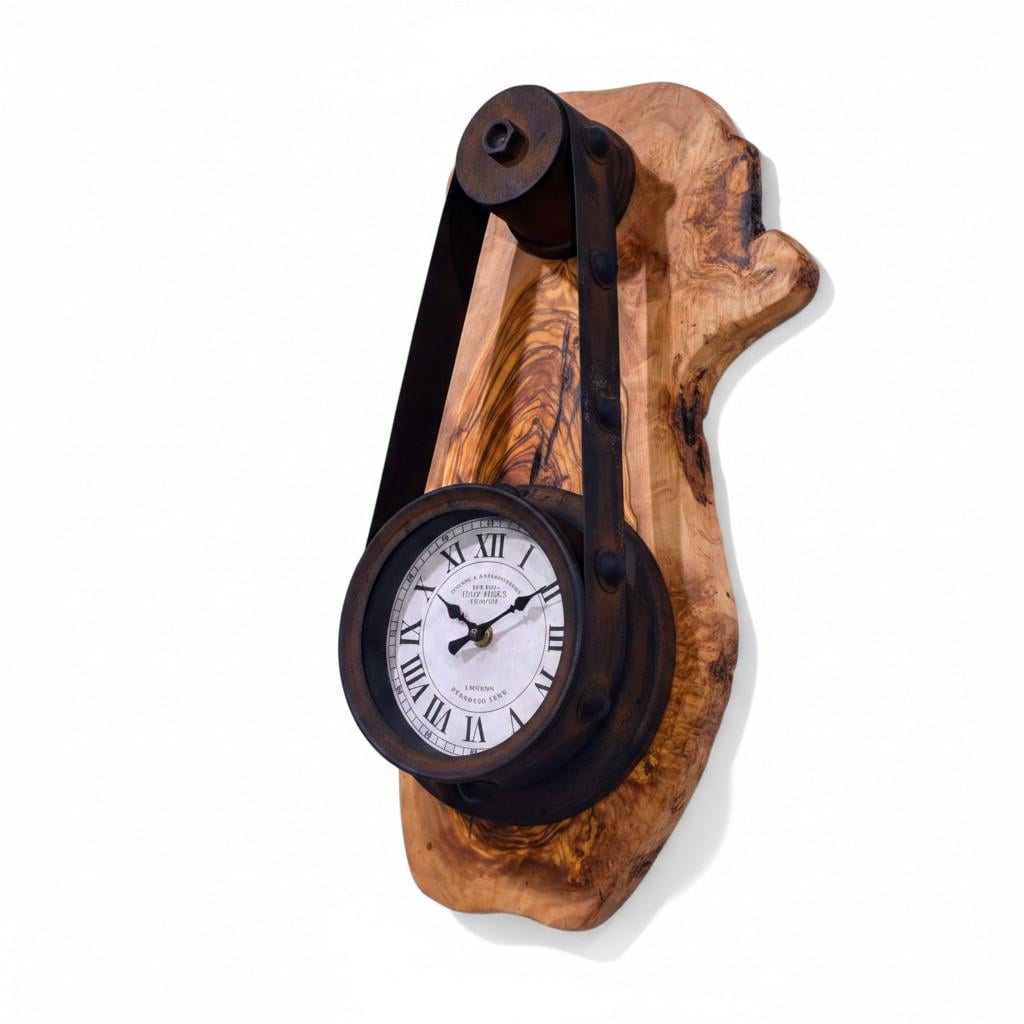 Vertical live edge slab design of an artisan olive wood rustic hanging timepiece clock. | Olive Wood Rustic Hanging Timepiece Wall Clock - Olivaryn