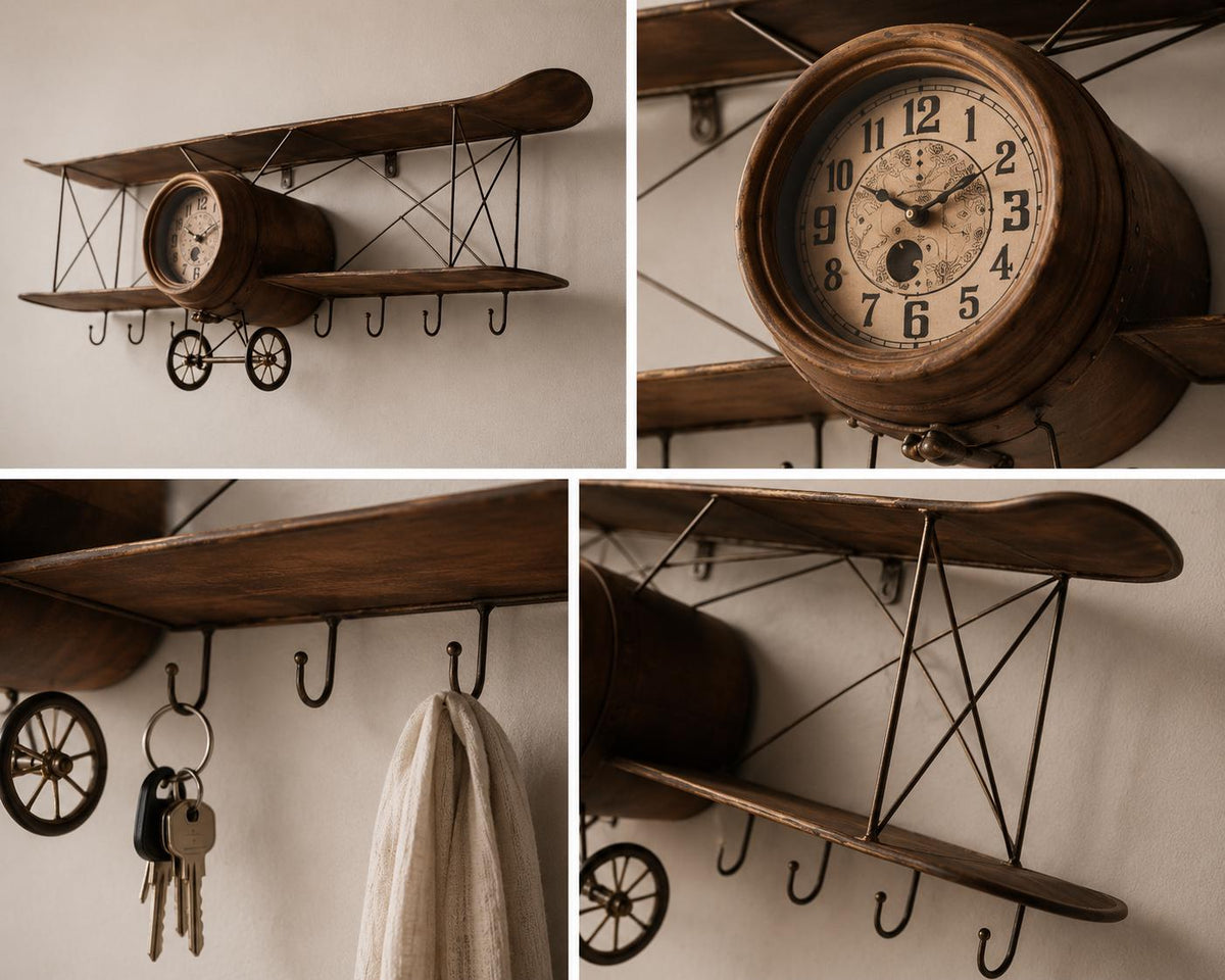 Handcrafted wooden biplane wings and fuselage of a vintage airplane olive wood wall clock.
