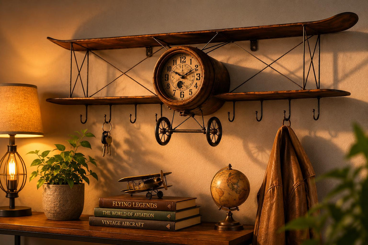 Warm ambient evening glow illuminating a vintage airplane olive wood wall clock on a wall.